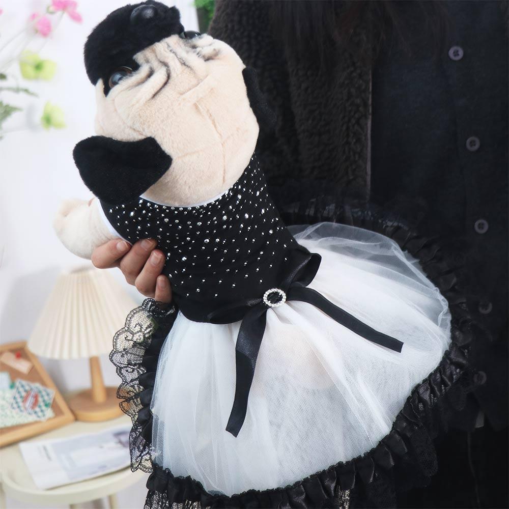 Elegant Black-white Glitter Bow Lace Dog Skirt Diamond Formal Dot Tutu Dog Dress with Lace Trim Pet Wedding Dresses Chihuahua