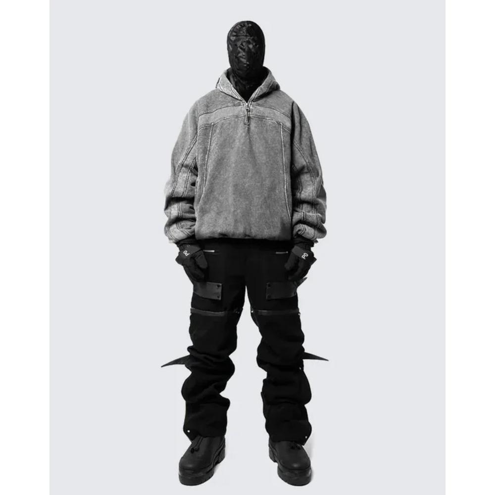 RogueWave Classic Balaclava Hoodie Men Washed Gray Ninja Pullover Sweatshirt Hip Hop Splicing Y2k Vintage Winter Streetwear Couple Tops
