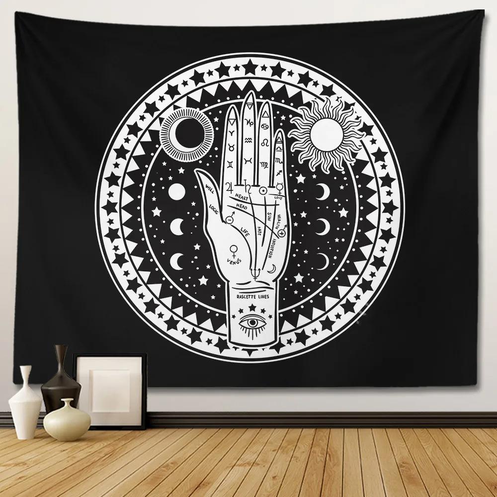 Black and White Moon Hands Tapestry Polyester Witchy Wall Hanging Mystic Gothic Decor for Bedroom Living Room Dorm Background