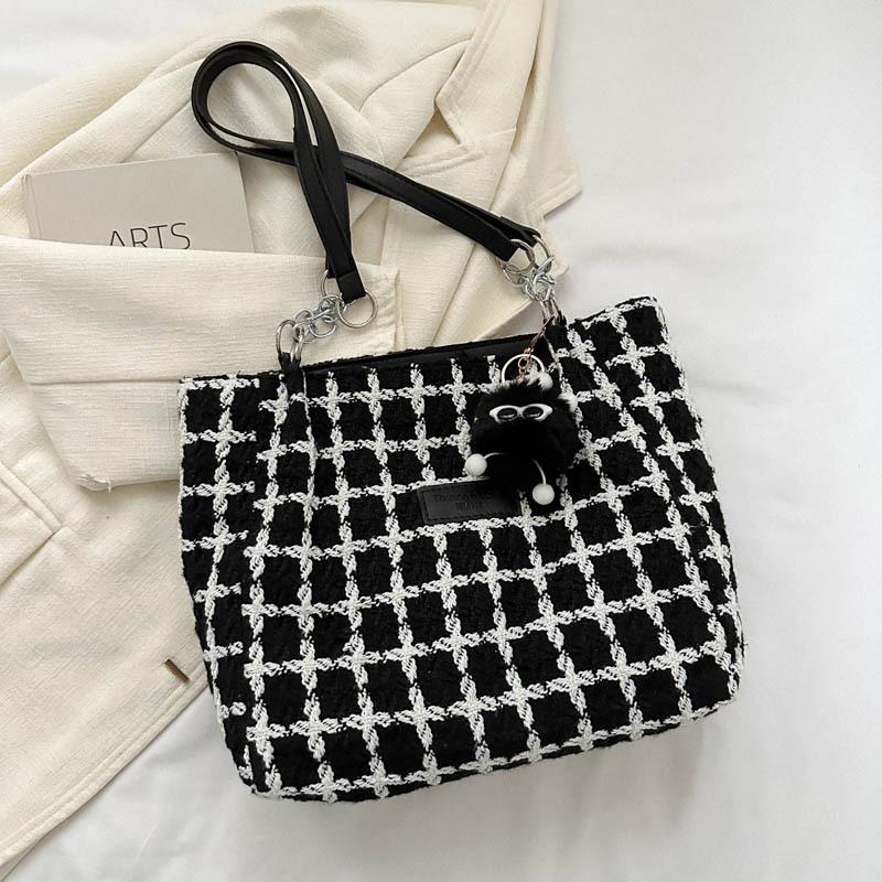 2023 Karierter Woll-Tote: Herbst/Winter Damen Vielseitige Schulter-Eimer-Tasche, Große Kapazität