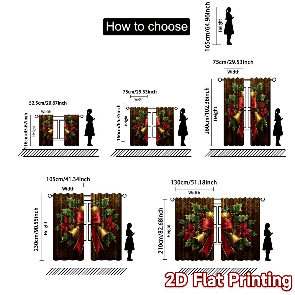 2pcs,Curtains Christmas Bells Holly Poinsettia (3) Modern Curtain Fabric Polyester Curtains Home Decor Suitable for Bedroom &