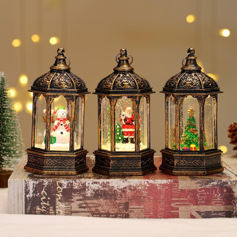 Christmas Decorative Hexagonal Water-Filled Lantern With Santa Snowman Tree Reindeer Design Holiday Tabletop Lighting