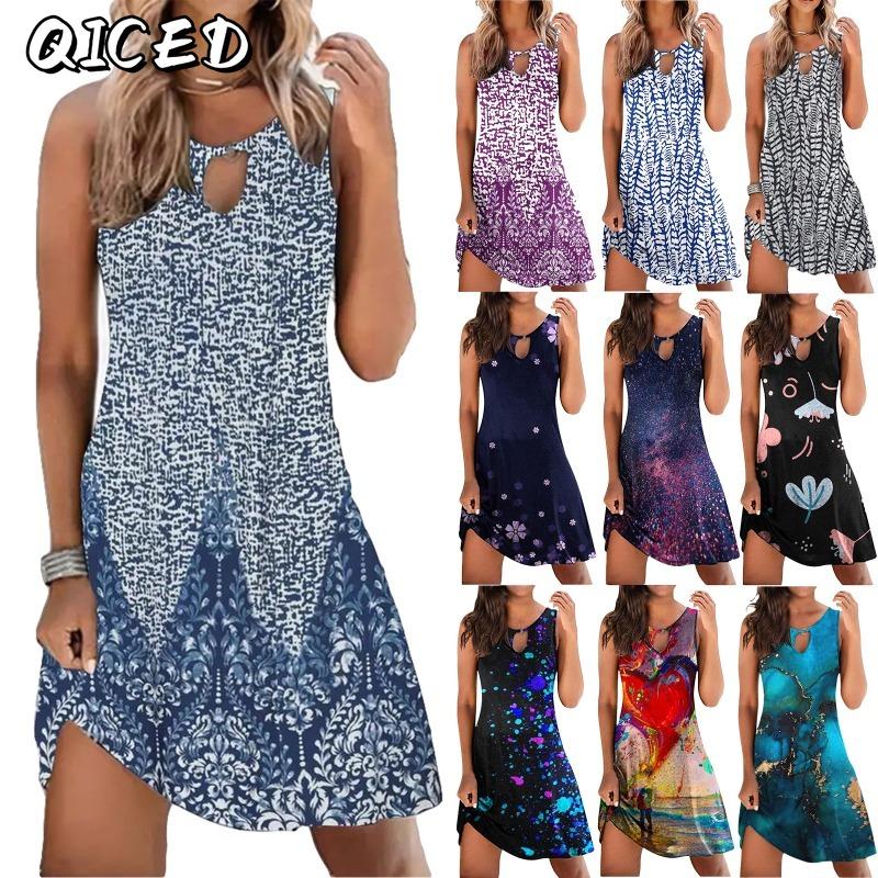 QICED Fashion Summer Spring Sleeveless V-Neck Casual Dresses