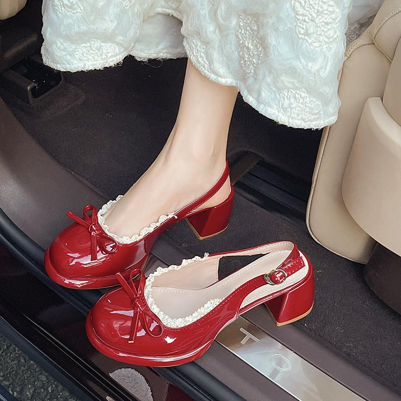 French niche design sense bow with lace thick heel cool slippers women's summer fashion high heel word with sandals