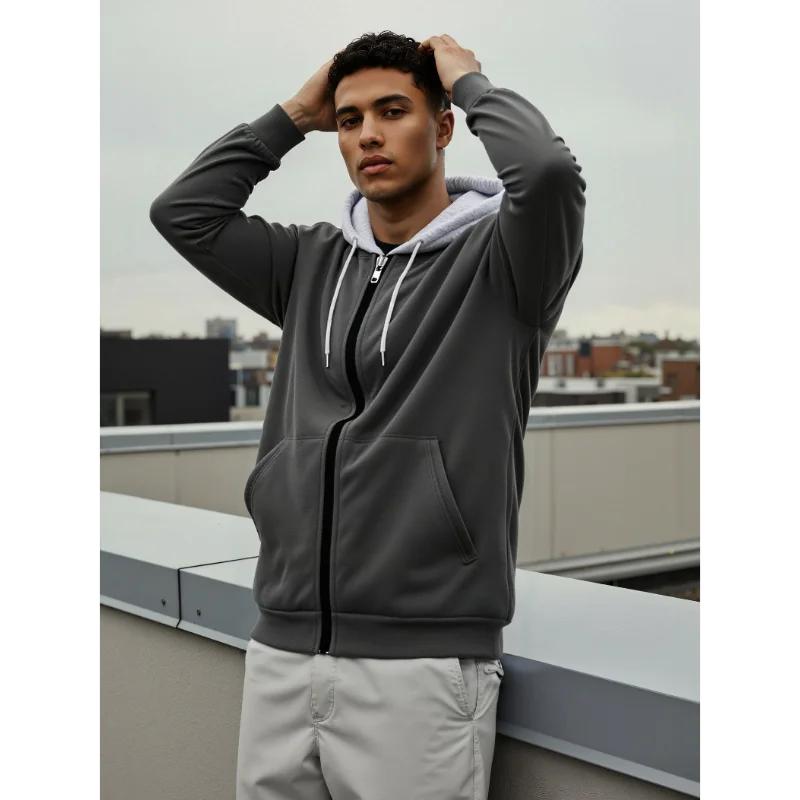 Spring Autumn New Men's Korean Color Block Hoodie Crew Neck Zip Up Lightweight Cardigan Casual Versatile Youth Jacket