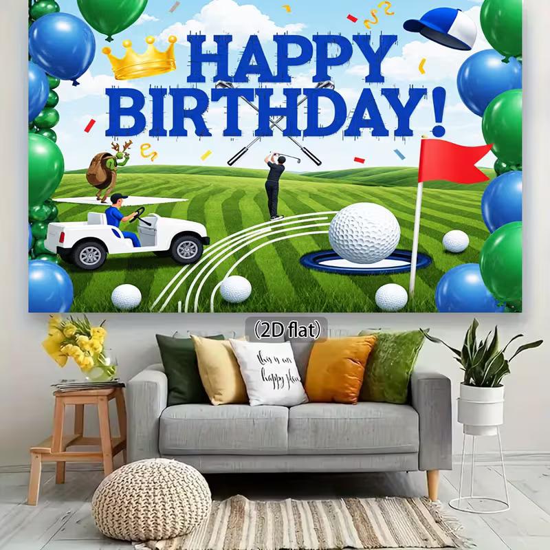 Telo di Sfondo 2D Fresco per Compleanno Golf, Palloncini Blu e Carrello da Golf Arazzo per Festa