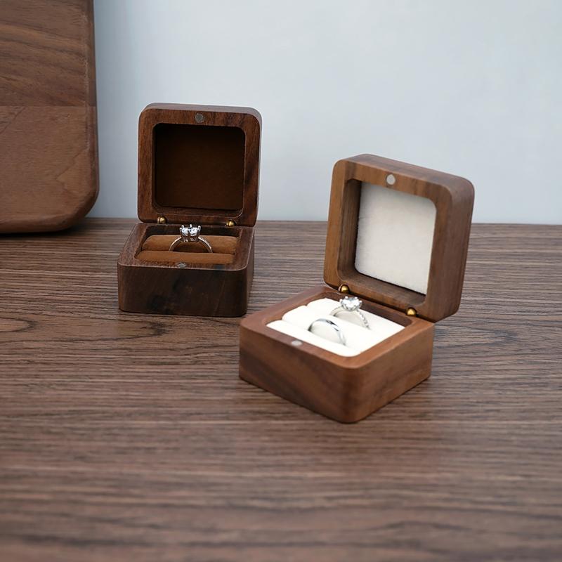 Multifunctional Small Jewelry Box Square Shape Organizer Mini Wooden Ring Box Soft Interior Holder for Proposal Wedding