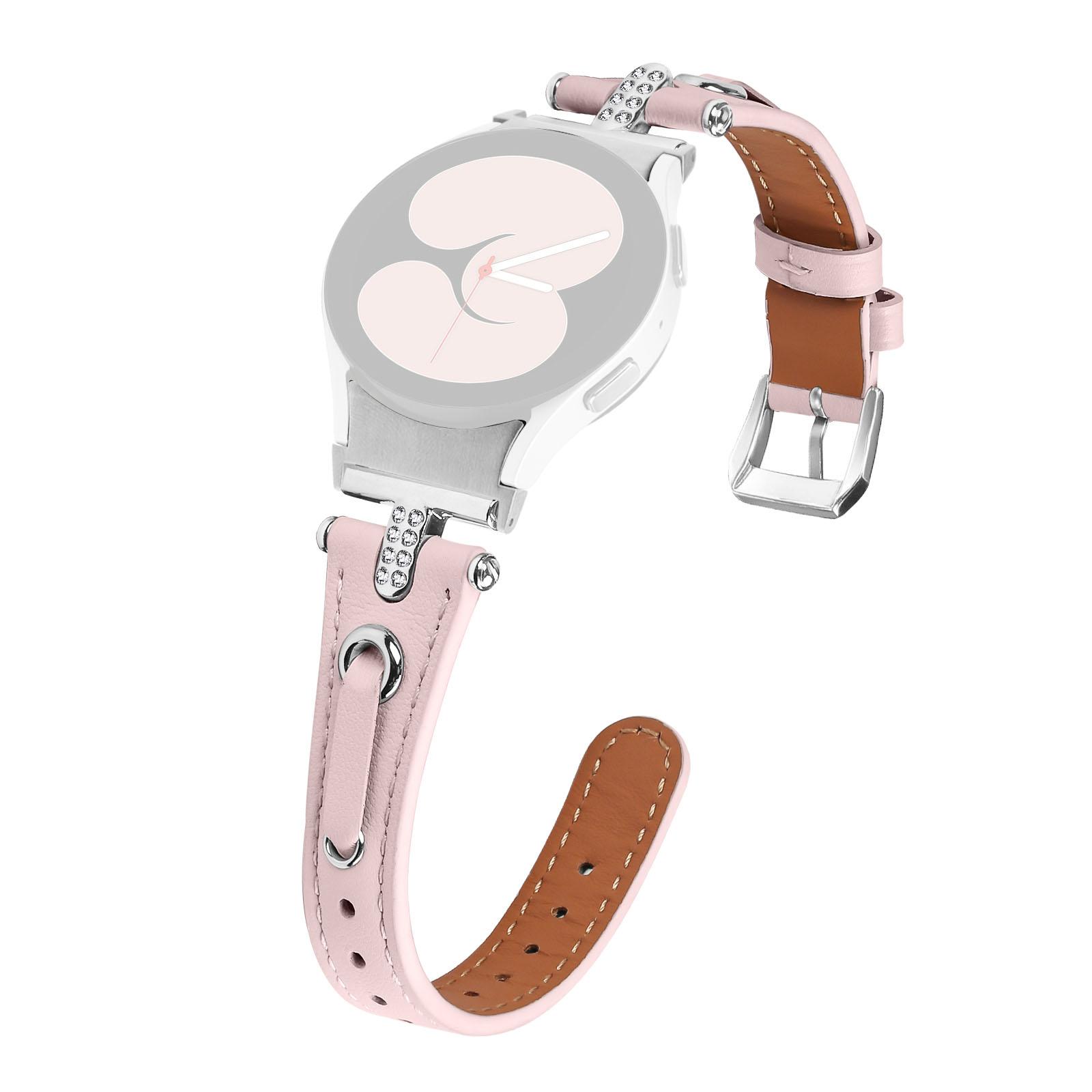 

For Samsung Galaxy Watch FE 40mm/Watch4/Watch4 Classic Watch 5/5 Pro Watch Band Genuine Cow Leather Strap with Silver Connector Pink
