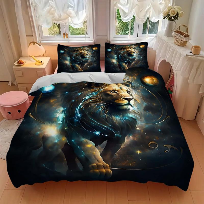 3pcs Lion's Cosmic Journey Print Bedding Set (1 Cover + 2 Pillowcases, Without Inserts), This Printed Bedding Set is Soft and