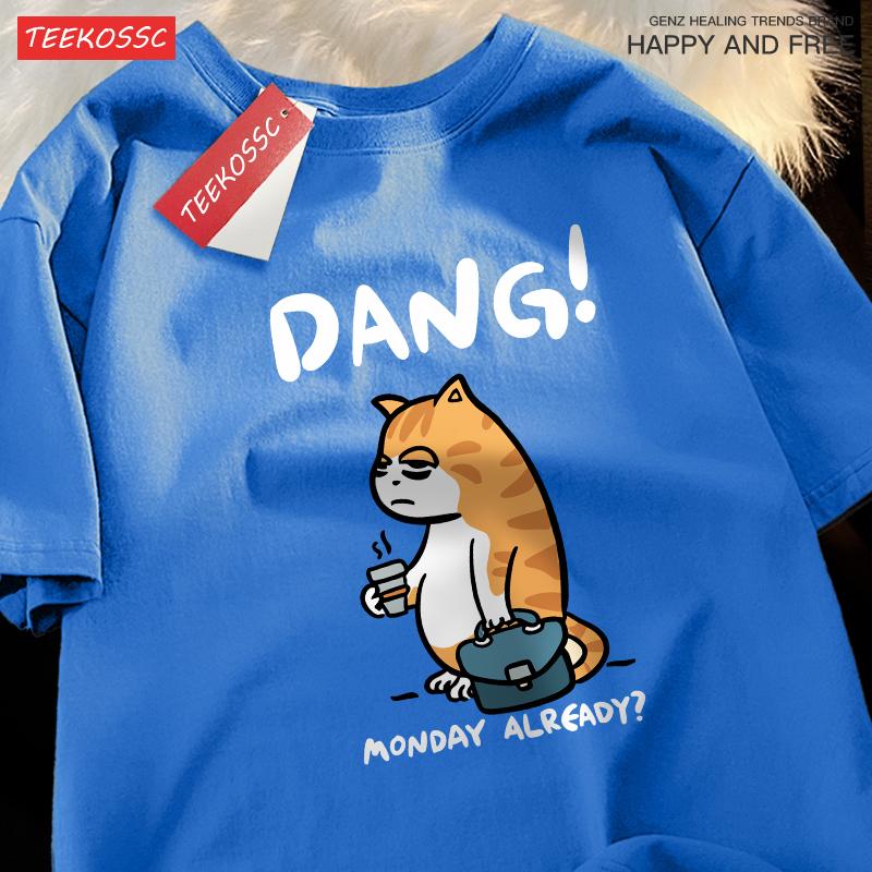Monday Already Dang Tired Coffee Working Cat Prints Mens Tee Shirts Hip Hop Cotton T Shirt Casual Comfortable Man T-Shirts