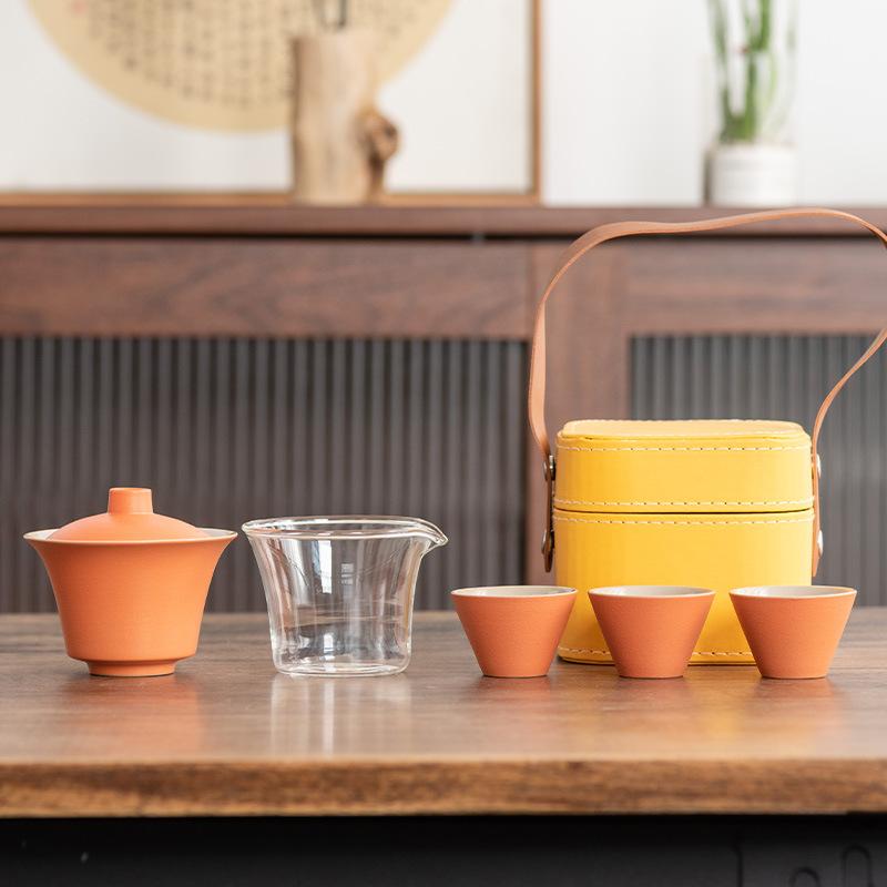 Light Luxury Travel Tea Set Cover Bowl Kuaike Three Cups Outdoor Portable Handbag High-end Ceramic Glass Tea Maker Gift