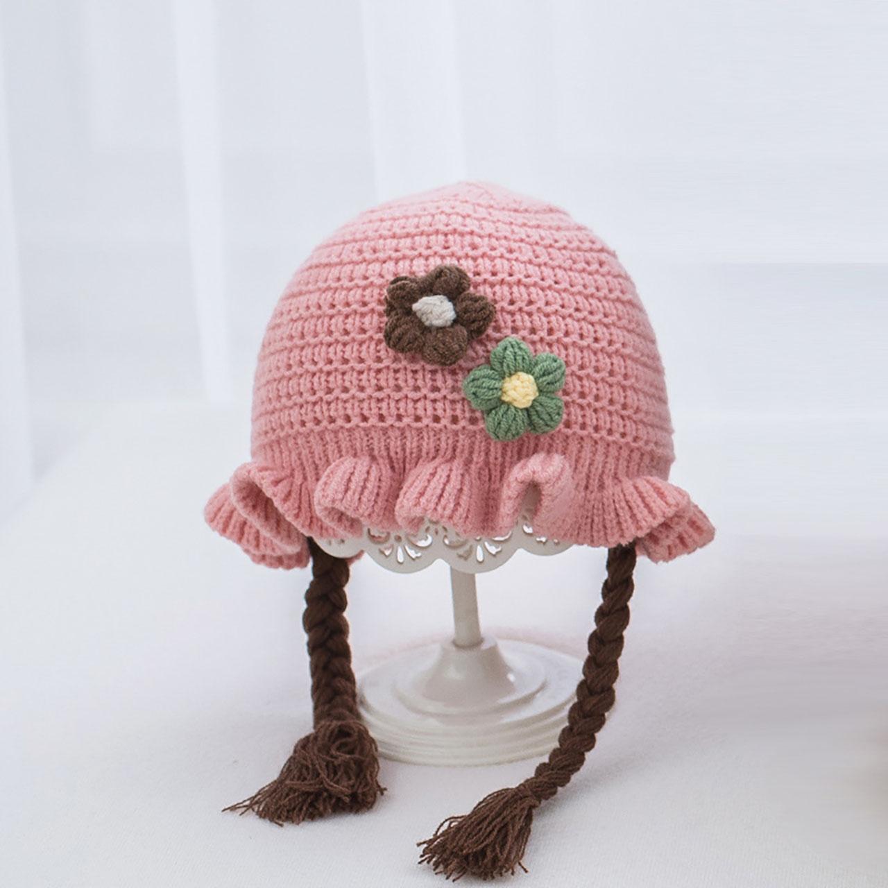 

Baby Knitted Braid Hat Household Cute Crochet Flower Beanie for Toddlers Winter Warm Woolen Bonnet for 3-24 Month Ear Flap Cap 44-48cm розовый