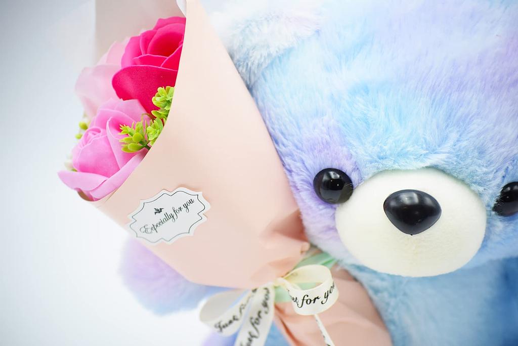 [Matsuno Kogyo] Seifen-Umarmungsbär Seifenblumenstrauß Stofftier Seifenblumen-Innenausstattung Geschenk (3 Räder, Regenbogen-Lila)
