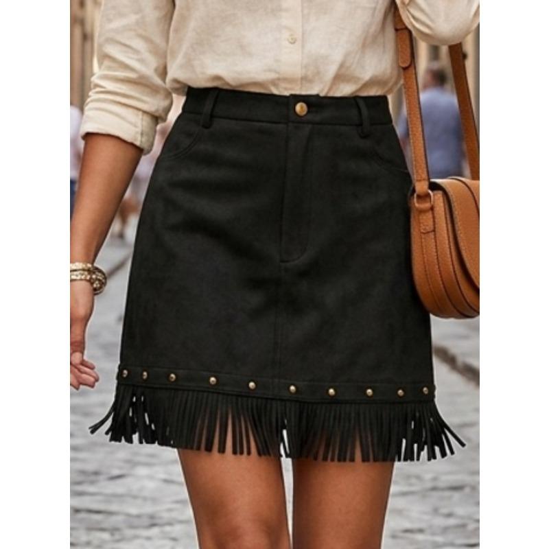 High-Waisted A-Line Tassel Hem Faux Suede Mini Skirt