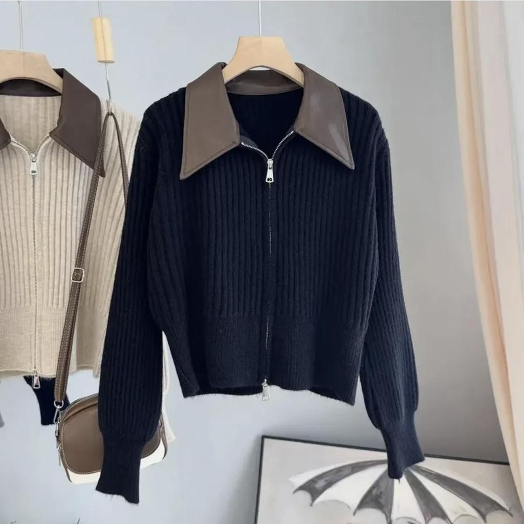 Premium lapel sweater jacket women's autumn and winter new zipper short outer wear temperament knitted cardigan top