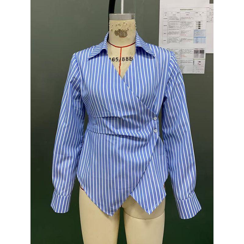 

Stylish Striped Shirt Western Style New Fashion Casual Stripe Lapel Long sleeve Shirts Top Blue XL