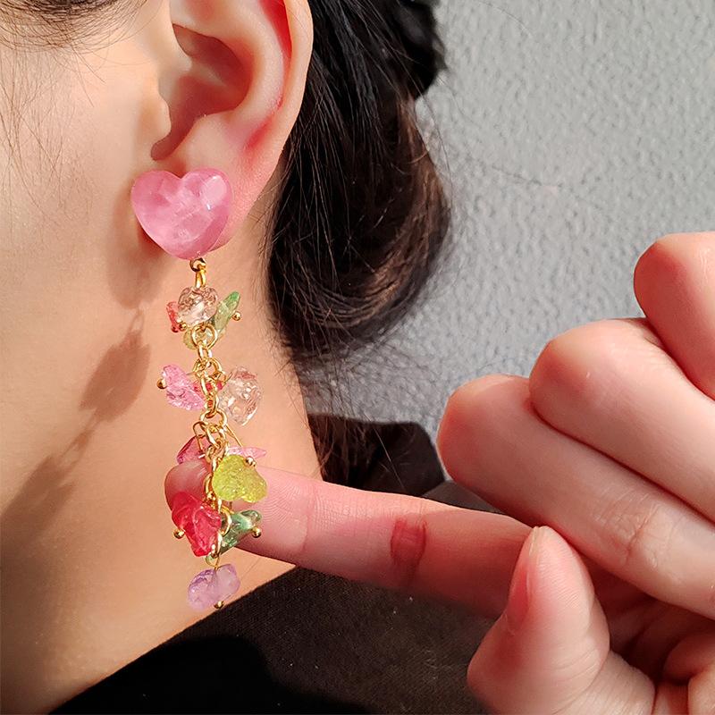 Sparkling Love Crystal Fringed Earrings Korean Fresh Temperament Studs Fashion Sweet Earrings