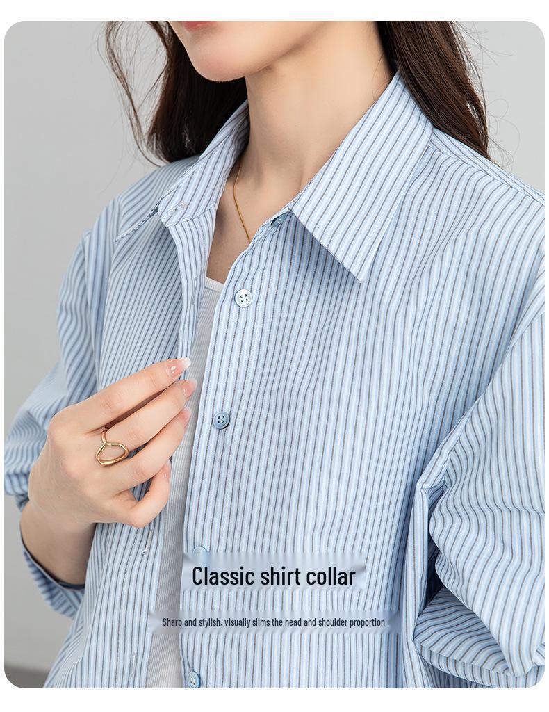 Xin Ge Blue & White Striped Women's Shirt - Loose Fit for Layering & Commuting