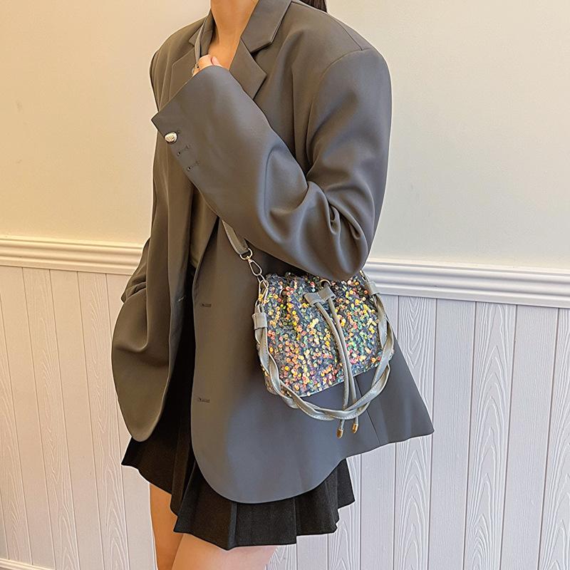 Sequin Small Bag for Women Crossbody New Trendy Korean Style High-value Drawstring Single-shoulder Bucket Bag