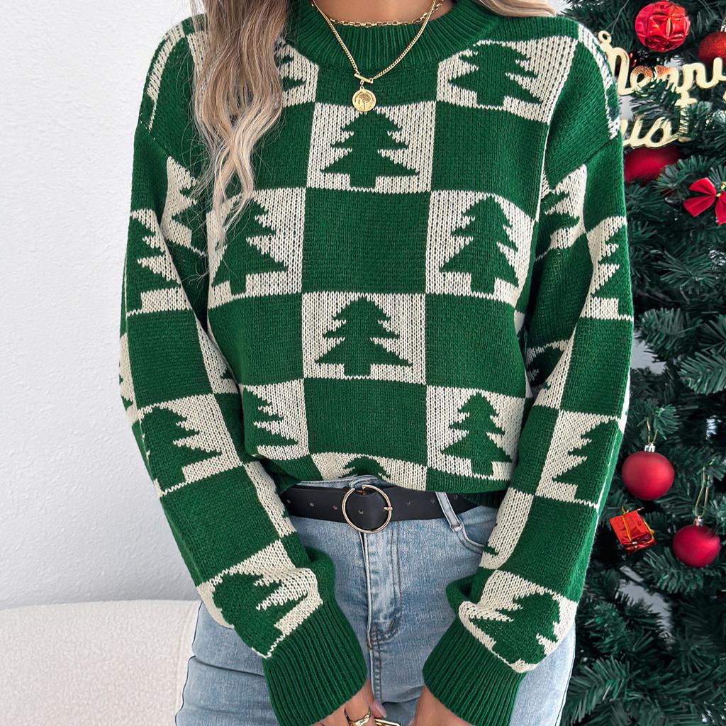 QICED Autumn and Winter Christmas Tree Checkered Lantern Long-sleeved Pullover Sweater Women's Clothing
