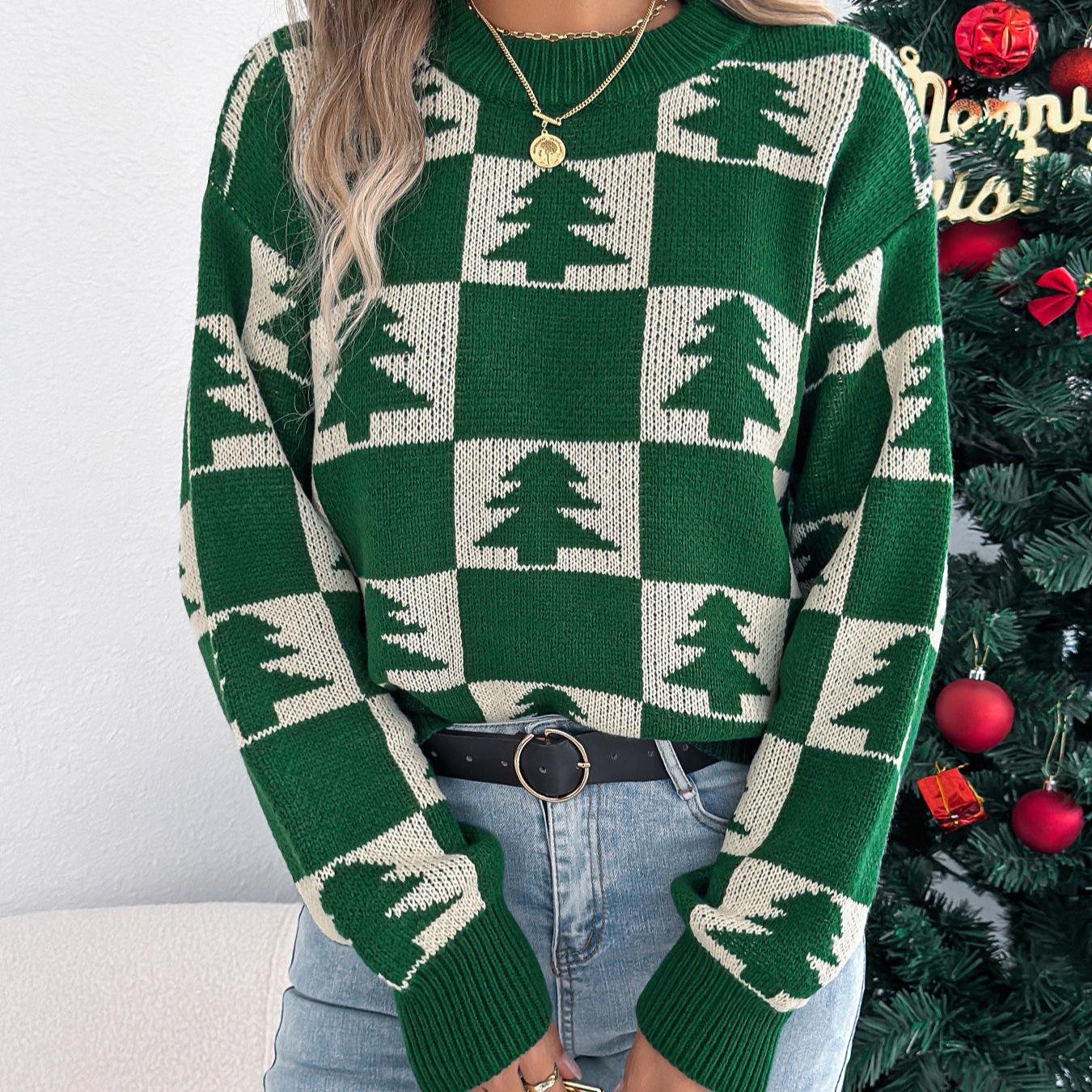 

HNXC Autumn and Winter Christmas Tree Checkered Lantern Long-sleeved Pullover Sweater Women s Clothing L зелёный