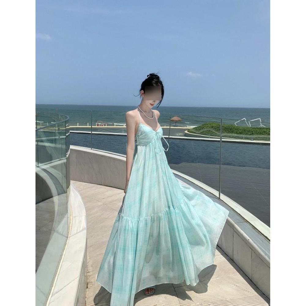 Travel shadow green backless neck sling chest pad dress women's summer seaside vacation beach dress super fairy wear