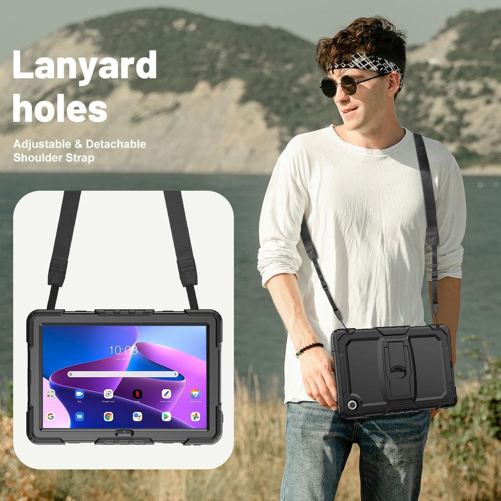 For Lenovo Tab 10.1 (2025) TB-311XU/Tab TB311FU Case Kickstand PC + Silicone Shockproof Tablet Cover with Shoulder Strap