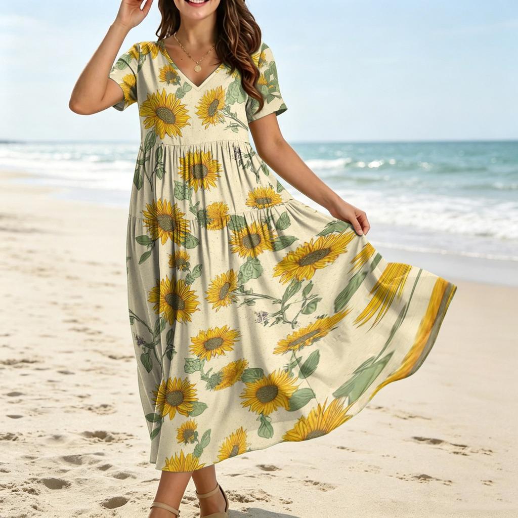 Women Casual Loose Bohemian Floral Dress Short Sleeve Long Maxi Summer Beach Swing Dress