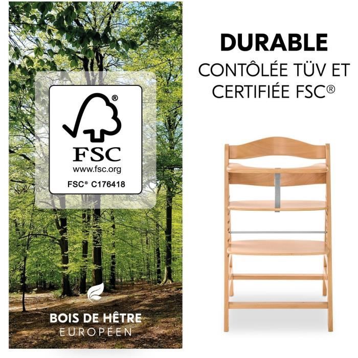 Chaise haute - HAUCK - ALPHA+ - Evolutive - De 6 mois à 90 kg - Bois FSC - Harnais 5 points - Naturel