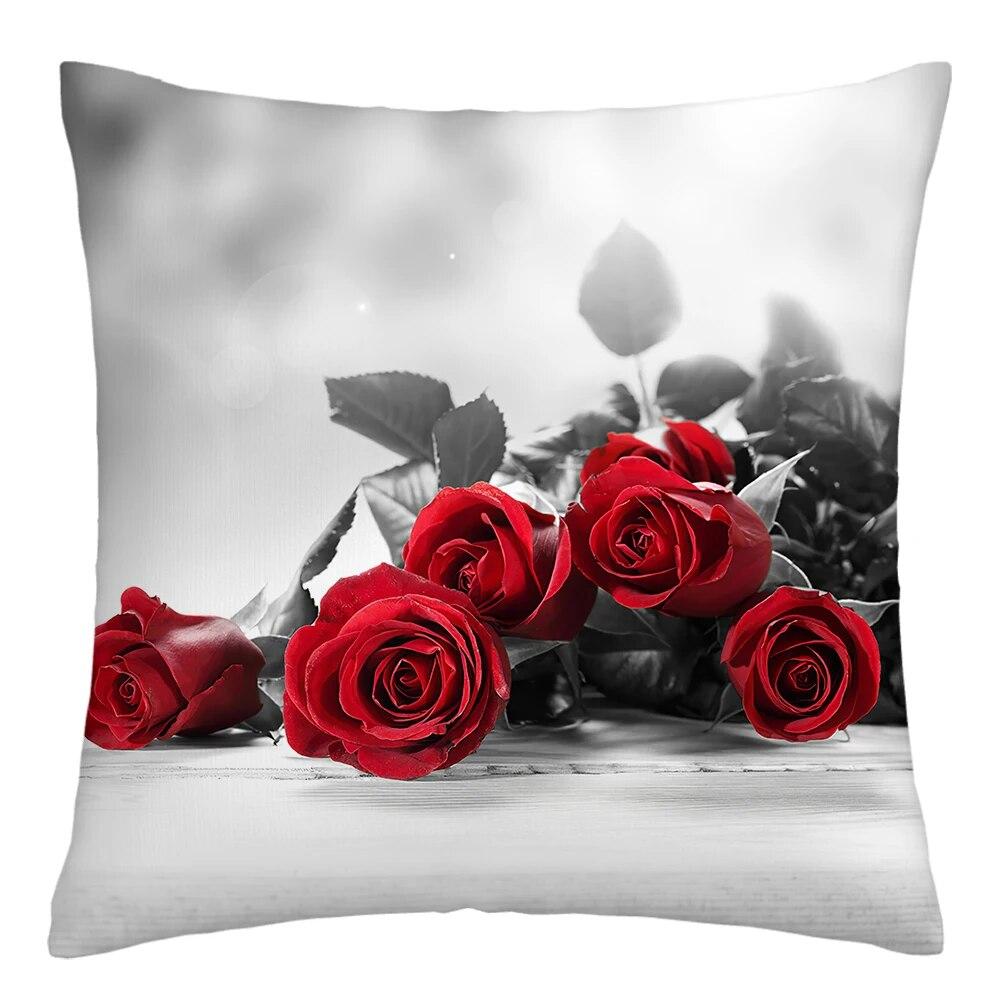 Red Rose Flower Print Pillowcase Sofa Cushion Cover Home Improvement