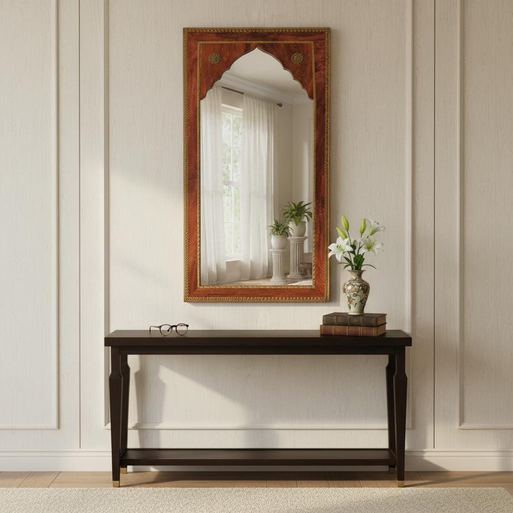 Wooden Wall Decor Mirror With Glass | Indian Bedroom Mirror | Living Room Furniture Decor ,Indian Brass Fitted Mirror For Home Decor