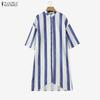 ZANZEA Women Stand Collar 3/4 Sleeve Loose Stripe Shirt Dress