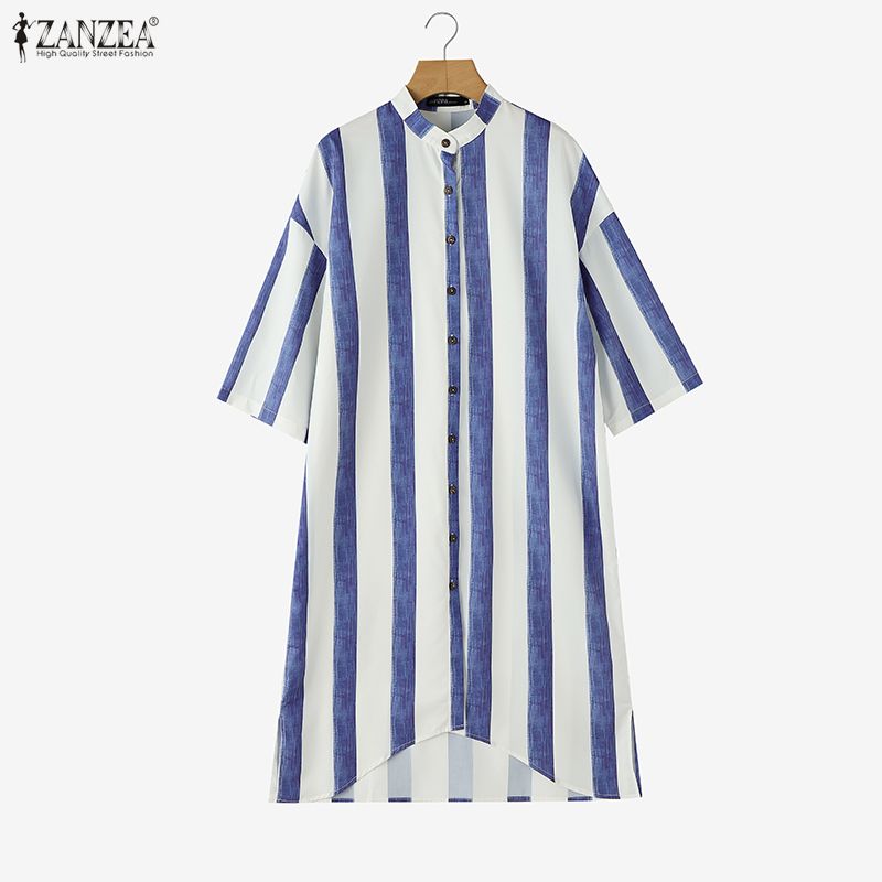 ZANZEA Women Stand Collar 3/4 Sleeve Loose Stripe Shirt Dress