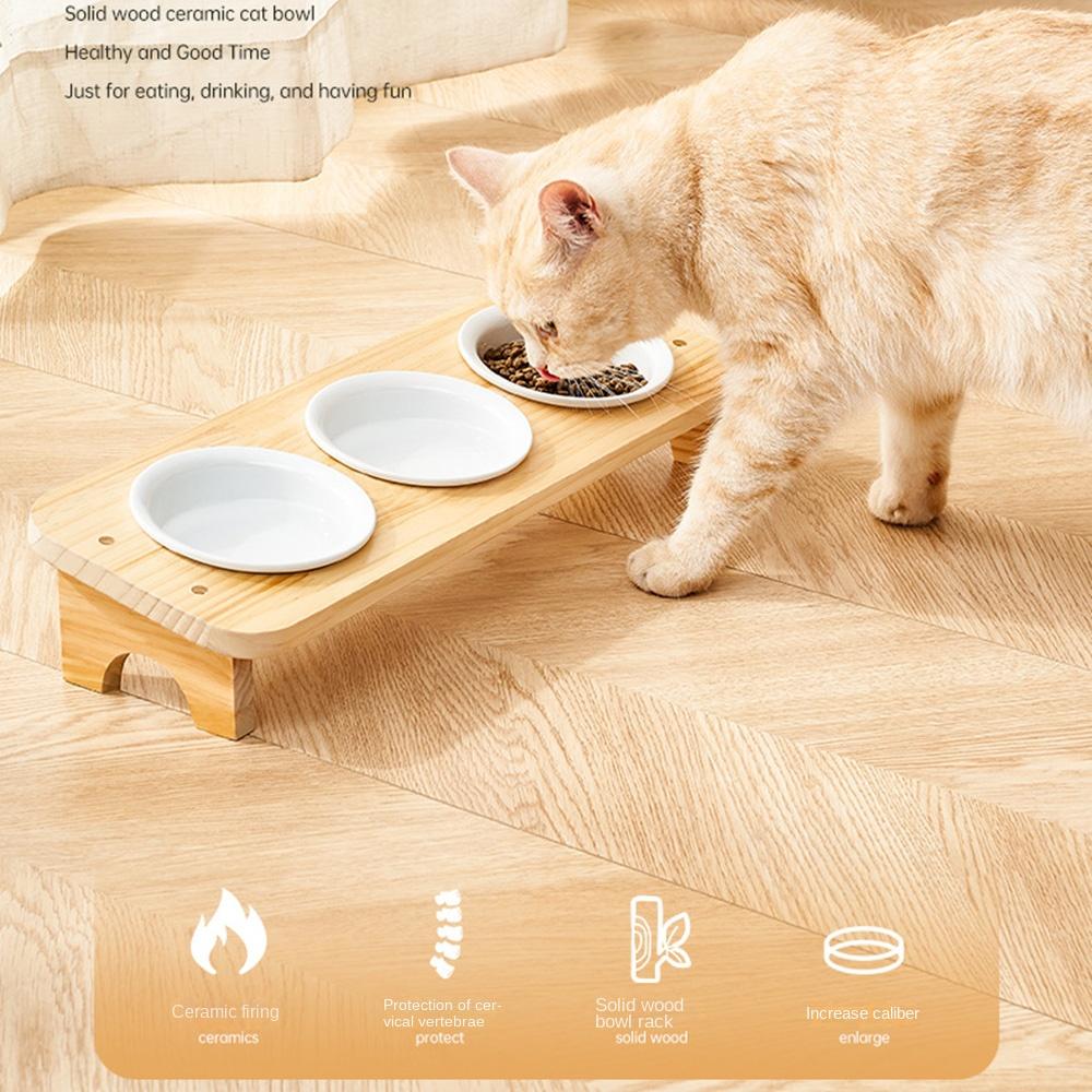 Protect Cervical Spine Elevated Pet Feeder with Wood Stand Tilted Cat Dish Ceramic Cats Bowl  Water