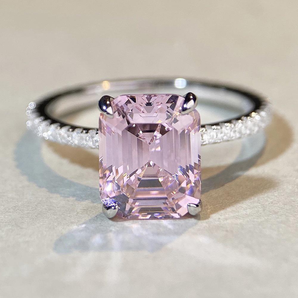 Aquamarine Emerald-Cut Ring In 925 Sterling Silver with Pave Diamonds, Plated In PT950 Gold.