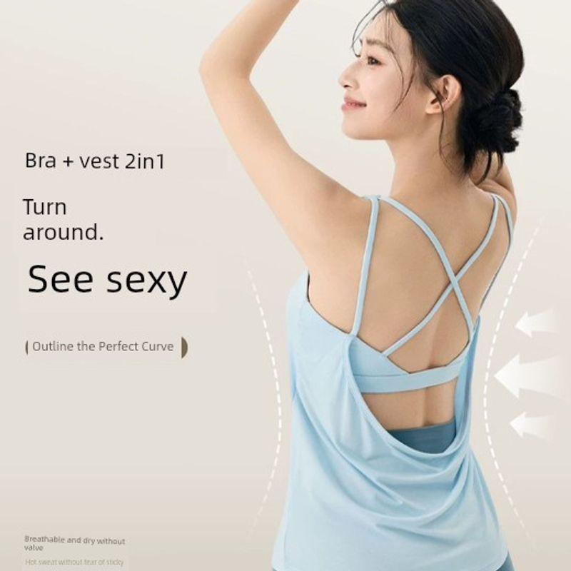 Foreign Trade Yoga Clothes With Chest Pad Fake Two-Piece Sexy Beauty Back Sports Quick-Drying Vest Cover up Loose Fitness Top Women