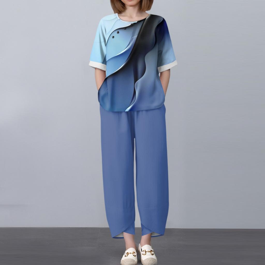 Women's Summer Half Sleeve Printed Tops Elastic Waist Nine Piece Pants Two Piece Set