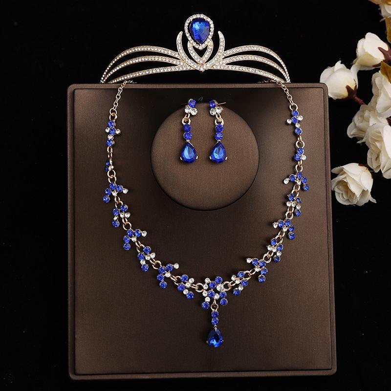 DIEZI Baroque Bridal Rhinestone Crown Tiaras For Women Wedding Princess Queen Blue Crystal Tiaras Necklace Earrings Jewelry Sets