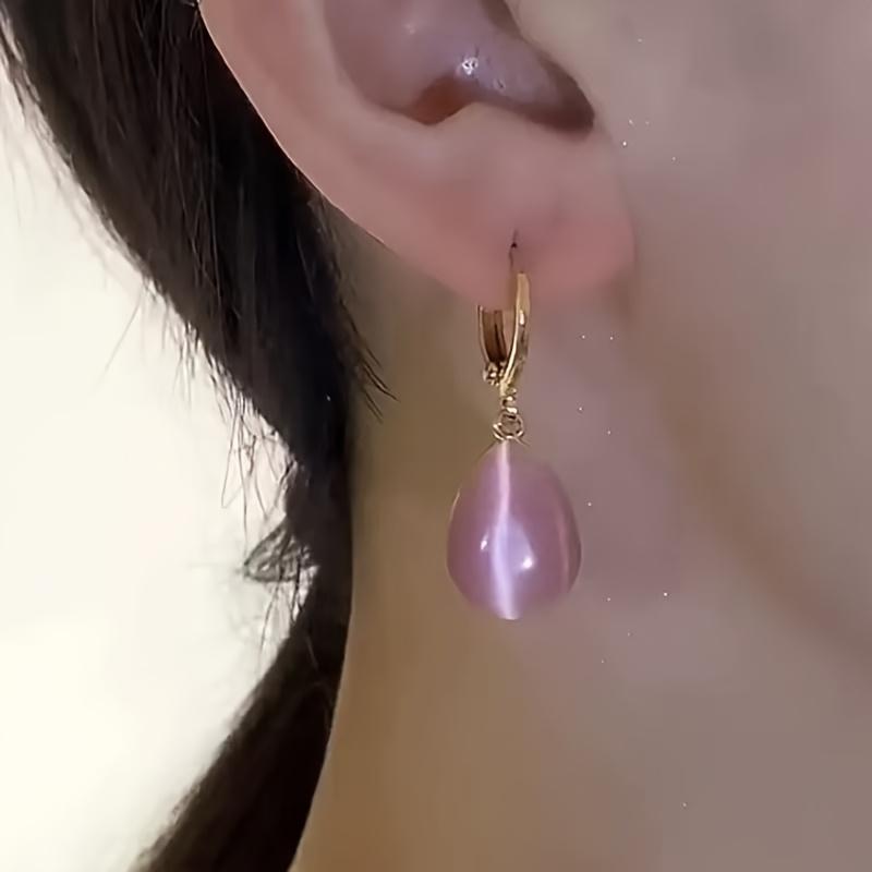 1 Pair Minimalist Elegant Double-Sided Cat Eye Stone Earrings for Women - Golden-Tone Metal Teardrop Dangle Earrings, Versatile for Daily Wear Parties