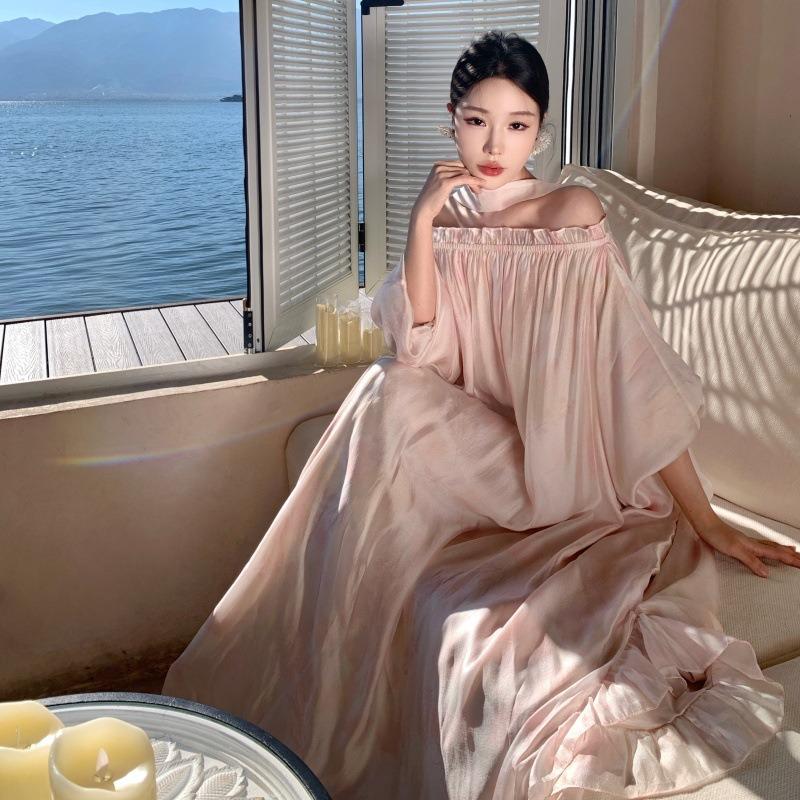 French Lazy Seaside Vacation Dress One-word Shoulder Tube Top Fairy Morning Robe Small Gift Dress Birthday Party Dress