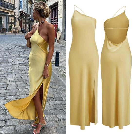 Women Sexy Dress Sloping Collar Sleeveless Open Back Design Long Dress Solid Color Side Slit Design Party Dress