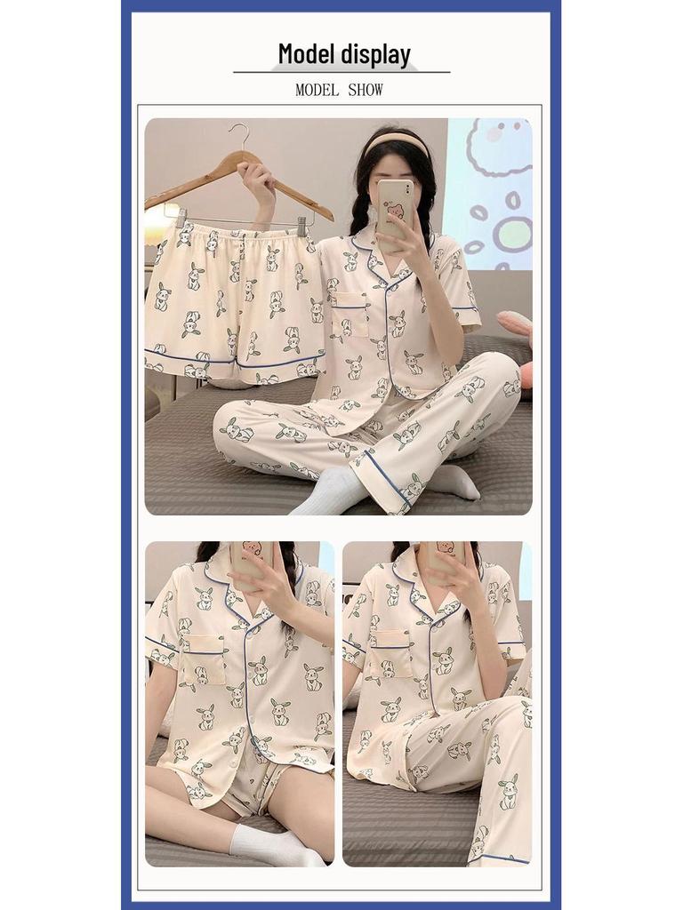 Pastoral Women's Pajama Set: Soft, Cute Rabbit Design, Short-Sleeve, Casual Three-Piece Loungewear.