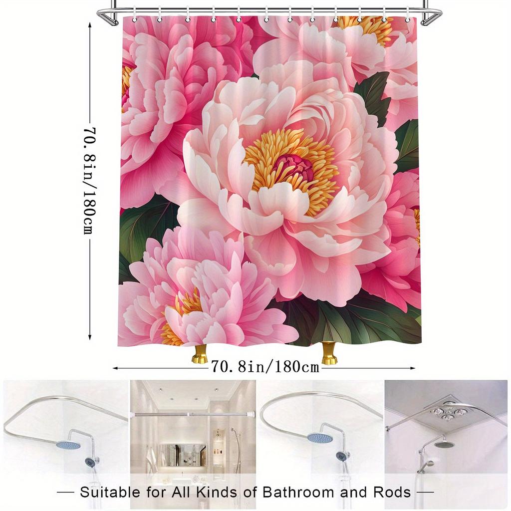 Pink Peony Peony Petal Shower Curtain Realistic Floral Design, 12 Hooks, 180X 180Cm, Bathroom Decorative Shower Curtain