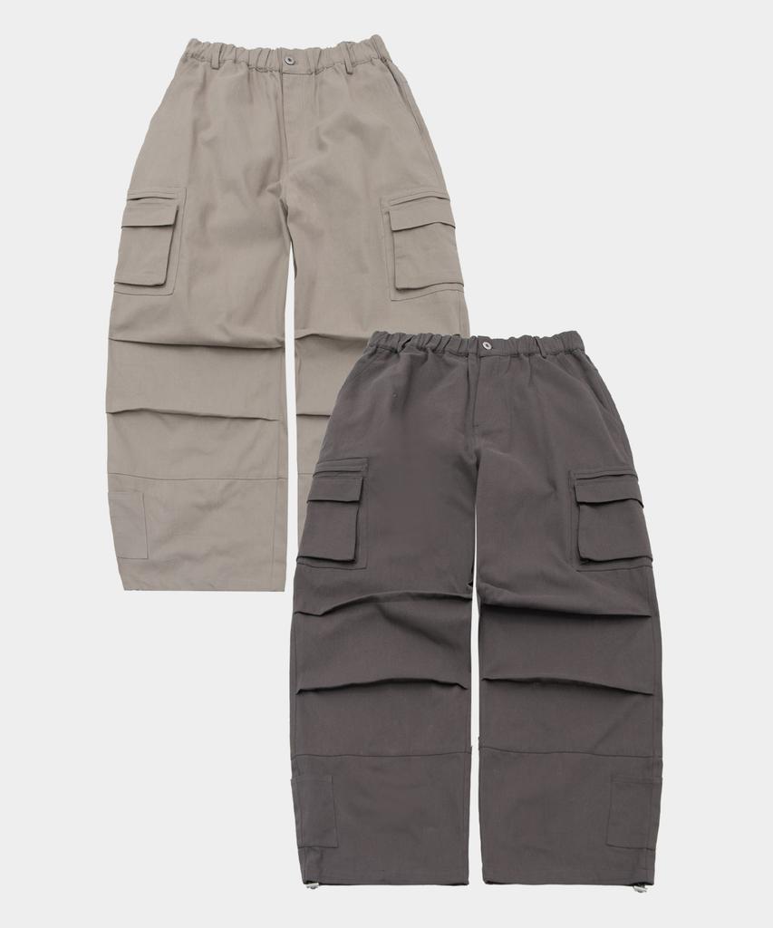 PLACESTUDIOMAN Multi-Pocket Parachute Pintuck Elastic Cotton Cargo String Wide Pants_2 Colors