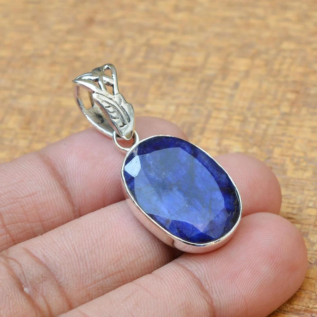Blue Sapphire Pendant Sterling Silver Pendant Oval Faceted Gemstone Gift Pendant
