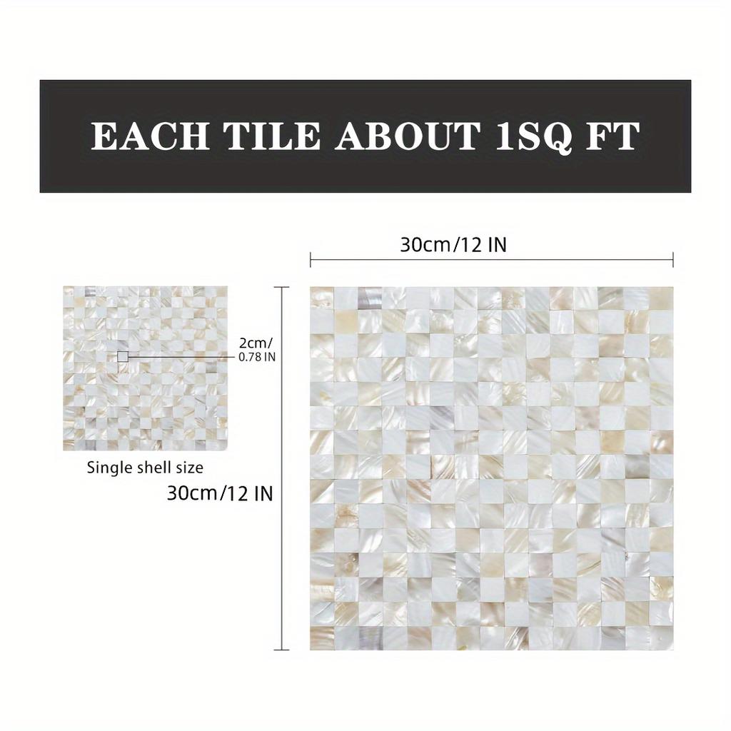 Shell Tile, Mother of Pearl Mosaic Self-Adhesive Tile for Kitchen Wall, Bathroom, Bedroom Decoration, White, 1 Piece, 30*30 Cm/12*12 Inches