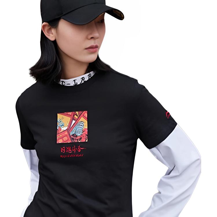 Lining Sports Fashion Series Daily Progress Fun Print Round Neck Short Sleeve T-Shirt Women Tops Black AHSR002-2