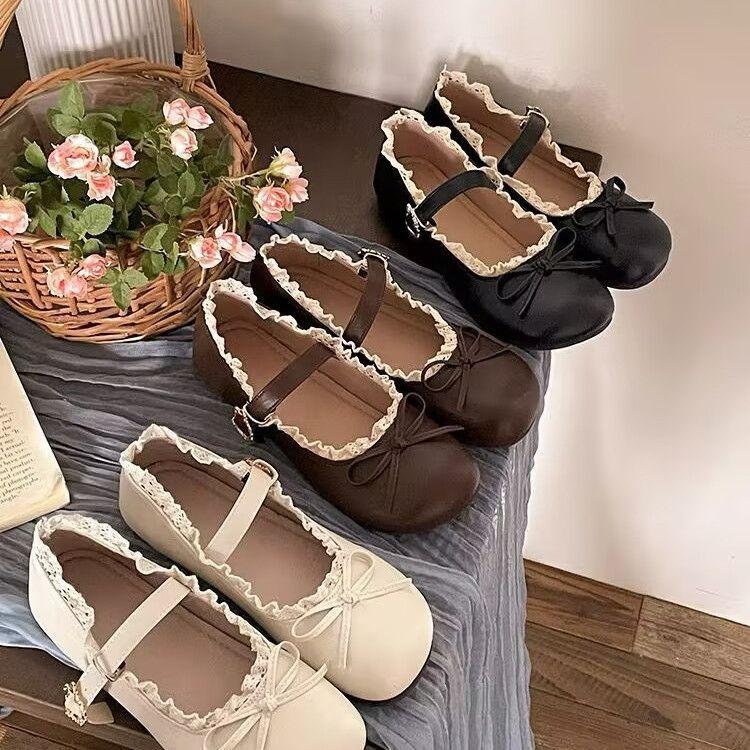 Round Head Retro Bow Flat-soled Small Leather Shoes Women's New Spring and Summer Skirt French Soft-soled Mary Jane Shoes