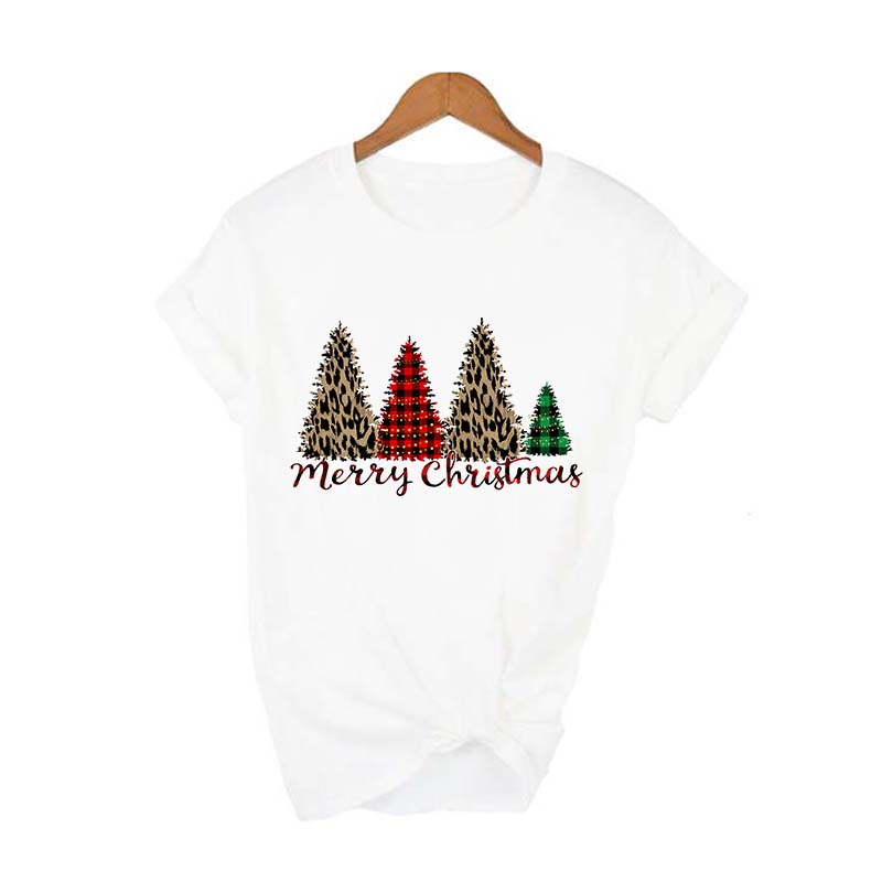 Merry Christmas Plaid Tree Printed T Shirt Fashion Graphic Women Top Tshirt Female Kawaii Tee Ladies