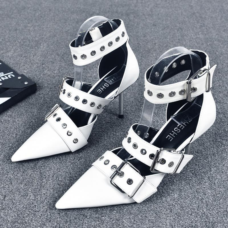 Sexy Metal Buckle Thin Heel Pointed Hot Girl Bag Head White High Heel Street Cool Handsome Punk Sandals 2025 New
